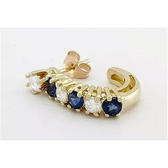 Genuine Blue Sapphire & Diamond * Single* Earring 14k Yellow Gold
